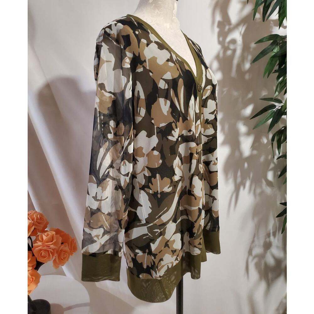 Chicos Floral Camo Mesh Button Cardigan Size 2 US L Olive Green Layer Topper - Picture 4 of 10